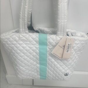 NEW Oliver Thomas White KICHEN SINK Quilted Tote with Mint Stripe Accent PELOTON